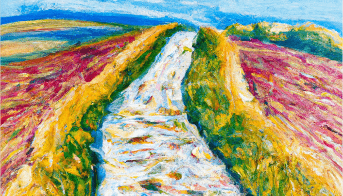 A vibrant, impressionistic landscape of a winding path that stretches towards the horizon, lined with colorful fields